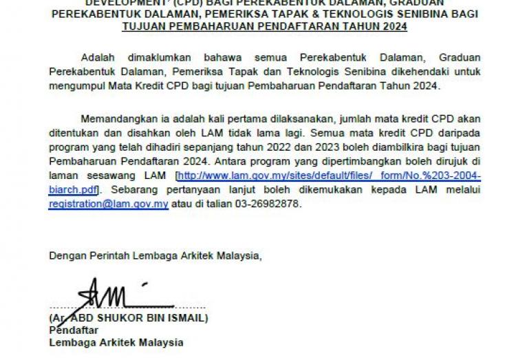 Notis Pemberitahuan CPD Bagi Perekabentuk Dalaman, Graduan Perekabentuk Dalaman, Pemeriksa Tapak & Teknologis Senibina