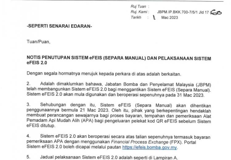 NOTIS PENUTUPAN SISTEM eFEIS (SEPARA MANUAL) DAN PELAKSANAAN SISTEM eFEIS 2.0