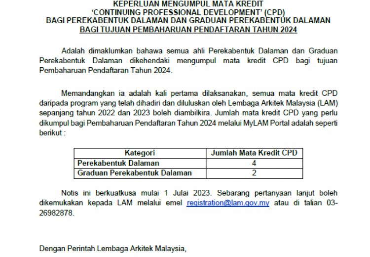 KEPERLUAN MENGUMPUL MATA KREDIT ‘CONTINUING PROFESSIONAL DEVELOPMENT’ (CPD) BAGI PEREKABENTUK DALAMAN DAN GRADUAN PEREKABENTUK DALAMAN BAGI TUJUAN PEMBAHARUAN PENDAFTARAN TAHUN 2024