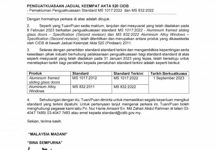 PENGUATKUASAAN JADUAL KEEMPAT AKTA 520 CIDB  - Pemakluman Penguatkuasaan Standard MS 1017:2022 dan MS 832:2022