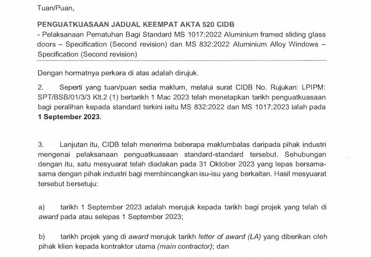 PENGUATKUASAAN JADUAL KEEMPAT AKTA 520 CIDB  - Pelaksanaan Pematuhan Bagi Standard MS 1017:2022 dan MS 832:2022 